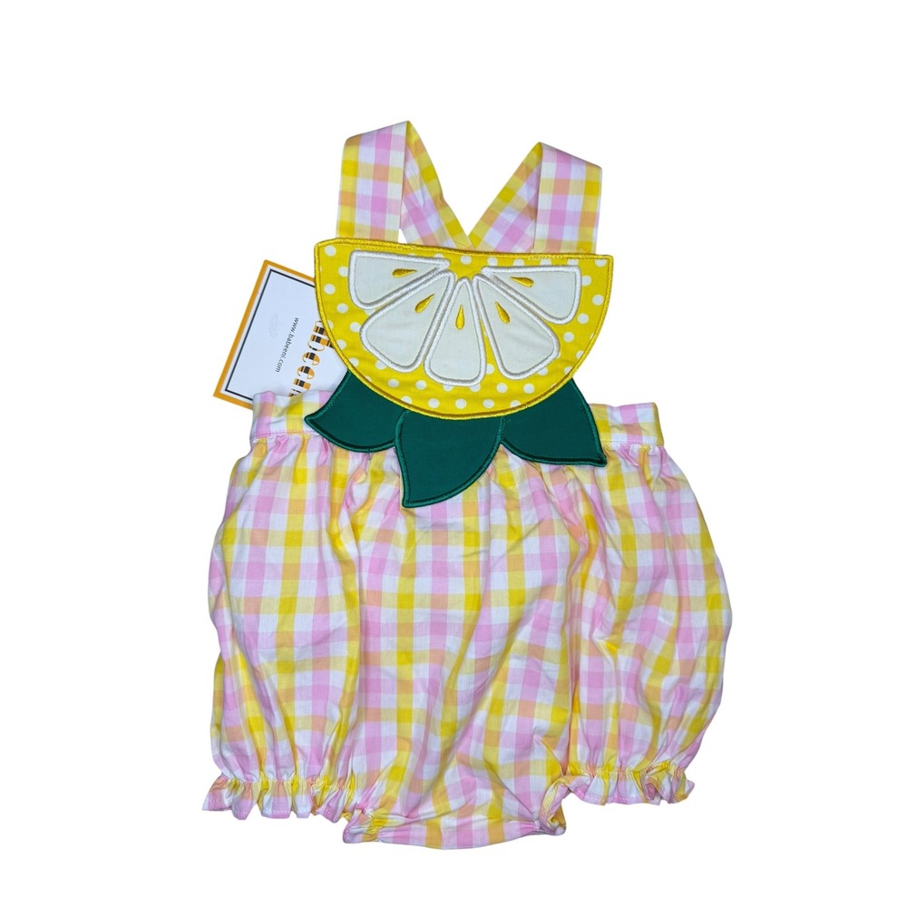 Babeeni Lemon Sunsuit Kids 6M Pink Yellow NWT Gingham Applique Cotton